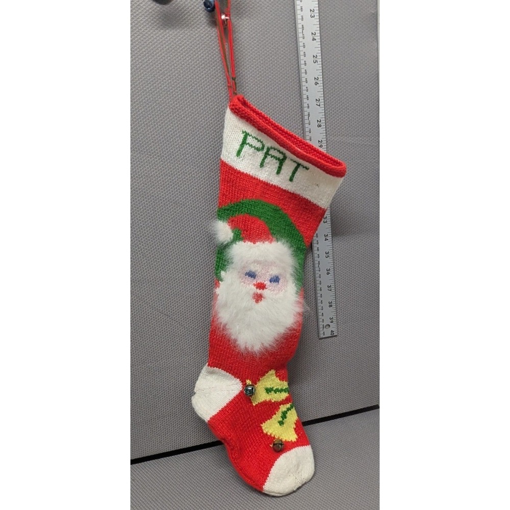 Vintage Hand Knit Christmas Stocking Santa Claus Jingle Bells Personalized "Pat"